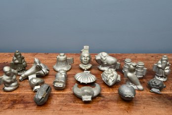 Collection Of 17 Antique Pewter Chocolate Molds - Clown, Santa, Bear, Shell, Buffalo, Cupid And More