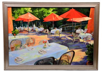 Susan Doerflinger Signed Oil On Canvas Painting Of A Outdoor Dining Scene