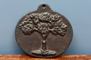 Antique Circa 1827 Mutual Assurance Company Cast Iron Squatty Oval With Raised Green Tree