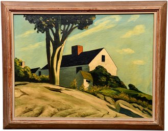 Unsigned Oil On Canvas Painting Of A House With A Large Tree In Front Of It