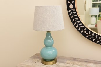 Glass Teardrop Gourd Table Lamp With Herringbone Shade And Brushed Brass Base