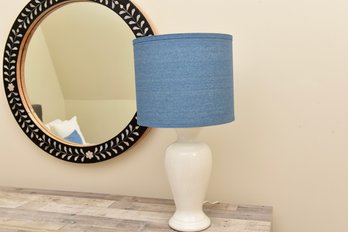 White Ceramic Table Lamp With Periwinkle Blue Shade