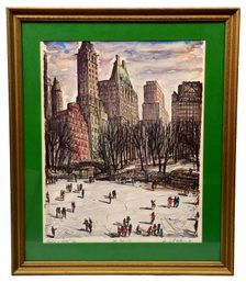 Signed J.M. Gallais '1964 Watercolor Painting Titled 'Skating In Central Park - New York City'