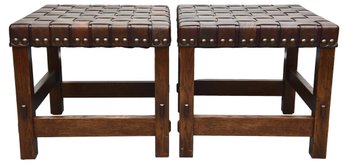 Pair Of L & L.J. Stickley Hand Crafted Woven Leather Stools With Nailhead Stud Design