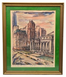 Signed J.M. Gallais '1964 Framed Print Titled 'The Public Library At 5th Ave, New York City'