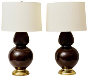 Pair Of Chocolate Brown Double Gourd Brass Base Lamps With Linen Shades Purchased From Dovecote (RETAIL $810)