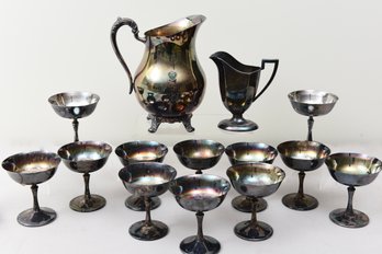 Set Of Twelve Silverplate Champagne Glasses, 1971 HCC Golf Pitcher, Serving Tray And More