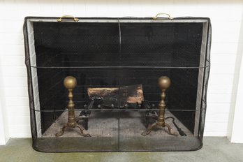 Metal Mesh Fireplace Screen With Pair Of Brass Handles