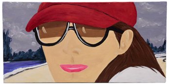 Signed Oil On Canvas Cool Portrait Of A Woman Wearing Sunglasses And A Red Hat