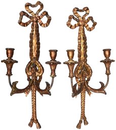 Pair Of Carved Gilt Wood Two Arm Candlestick Wall Sconces