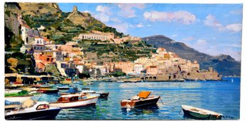 Signed Armando Romano (b. 1953) Oil On Canvas Painting Of The Amalfi Coast