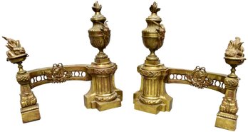 Pair Of Cast Bronze French Flame Top Urn Chenets