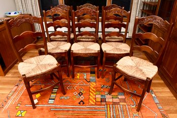 Set Of Eight Wood Ladder Back Rush Seat Side Chairs