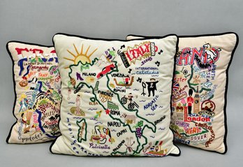 Catstudio Geography Collection Artisan Hand Embroidered Cotton Throw Pillows (RETAIL $750)