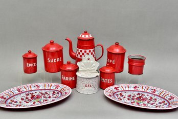 Antique Duco BGB French Enamel Canisters, Salt Sel Box, Enamel Coffee Pot And Le Cadeaux Oval Platters