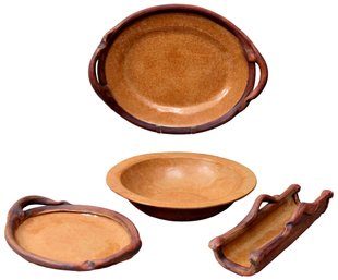 Collection Of Ellen Evans Pottery -  Bowl, Pair Of Serving Trays And Bread Holder