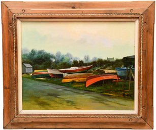 Signed Abrams Oil On Canvas Painting Of A Boat Yard