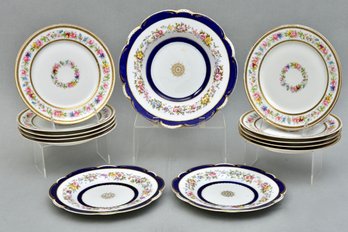 Set Of Three John Ridgway Circa 1830 Blue Rimmed Plates And Set Of Ten Limoges France Floral Plates