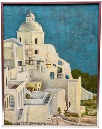 Signed Tony Puglisi '74 Oil On Canvas Painting Of Santorini Greece