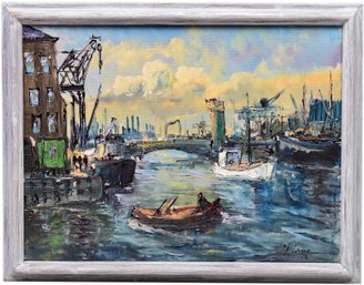 Signed A. Lang Oil On Canvas Painting Of A Boat Yard