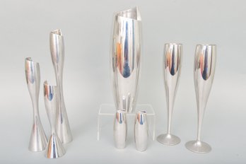 Collection Of Nambe - Champagne Glasses, Candlestick Holders, Vase And Salt & Pepper Shakers