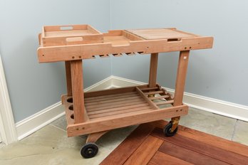 Teak Bar Cart On Casters With Removable Tray And Cutting Board