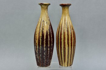 Pair Of Glazed Ribbed Ceramic Vases Numbered 3672H