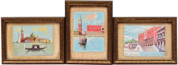 Set Of Three Miniature Watercolor Paintings Of Gundalow Boats And A Building