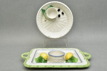 The Mane Lion Italian Majolica Lemon Serving Platter And Olive Veggie Round Platter - Made In Italy