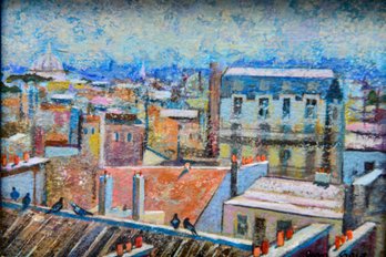 Signed Jean Craig ( American, 1915-2010 ) Framed Oil On Board Painting Titled 'Rooftops - Paris'