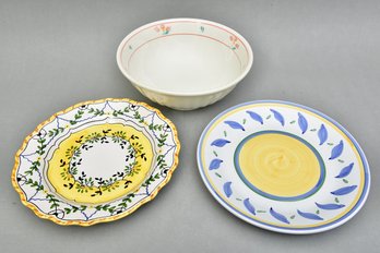 Large Glazed Italian Ceramic Bowl, Casafina Hand Painted Platter And William & Sonoma Italian Platter