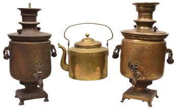 Pair Of Antique Russian Brass Samovars And Antique Brass Tea Kettle With Swan Neck Split Opening