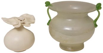 Hand Blown Vase With Molded Handles And Ceramic Floral Vase