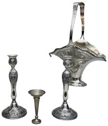 Pair Of Wilcox Silver-plated Candlestick Holders, Wilcox International Silver-plated Basket With Flower Frog