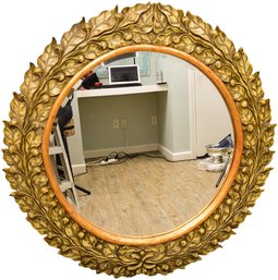 Large Carved Wood Leaf And Gilt Beveled Glass Wall Mirror