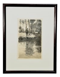 Signed M. Achener Framed Etching Depicting A Man Fishing On The River Bank