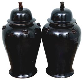 Pair Of Very Large Black Chinese Ceramic Floor Urns With Domed Lids And Foo Dog Finials