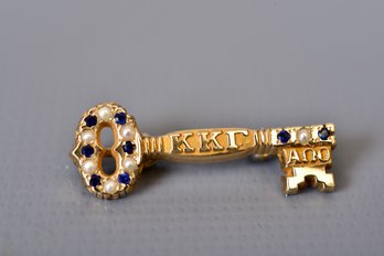 10K Yellow Gold Kappa Kappa Gamma Fraternity Topaz And Seed Pearl Greek Key Pin