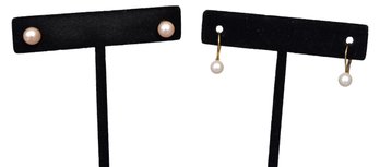 14K Yellow Gold Pearl Stud Pierced Earrings And 14K Yellow Gold Leverback Pearl Earrings