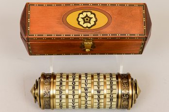 Cryptex Of Antiqued Gilt Metal With Five Imitation Marble Alphabetical Dials In Wooden Carrying Box