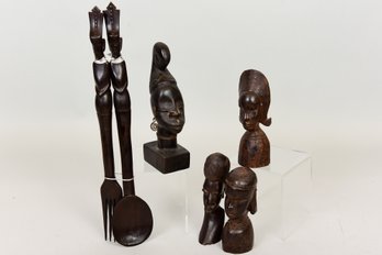 Set Of Four Carved Wood African Figurines And Carved Wood Salad Spoon And Fork