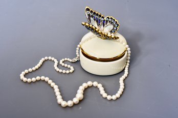 Genuine Pearl Necklace With 10K White Gold Clasp And Jay Strongwater Butterfly Trinket Box