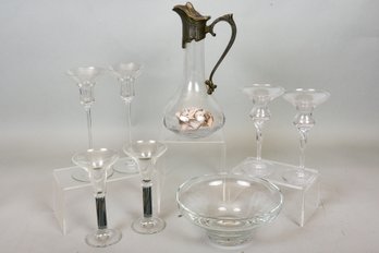 Pair Of Thomas Candlestick Holders, Glass Bowl, Set Of Four Glass Candle Stick Holders, And Lidded Pitcher