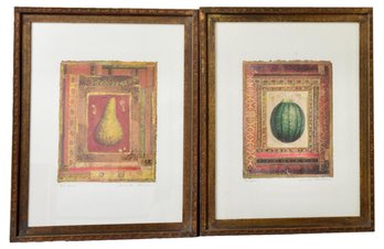 Pair Of Signed Danielle Desplan Framed Mixed Media Art Titled 'Poire Joune' And 'Courgette'