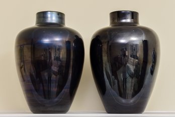 Pair Of Signed Murano Venini Italian Black Glass Vases