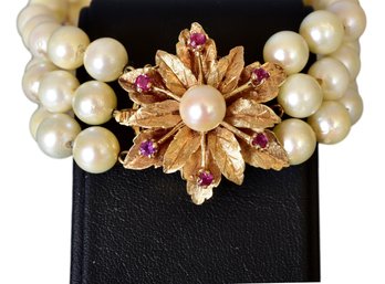 Triple Strand Genuine Pearl Bracelet With 14k Yellow Gold And Ruby Clasp And Spacers