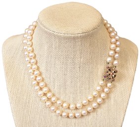 Double Strand Genuine Pearl Necklace With 14k Yellow Gold Ruby And Sapphire Clasp