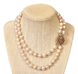 Double Strand Genuine Baroque Pearls With 14k Yellow Gold And Ruby Clasp