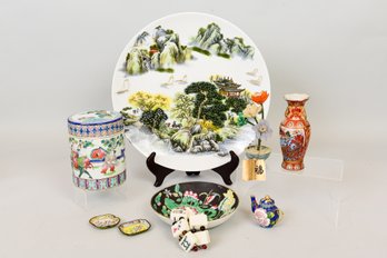 Chinese Cabinet Plate, Lidded Jar, Vase, Miniature Tea Pot, And More