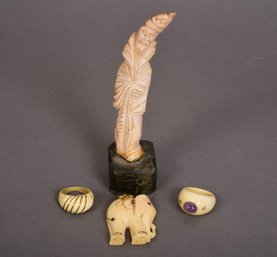 Carved Figurine, Elephant Pendant And Pair Of Rings